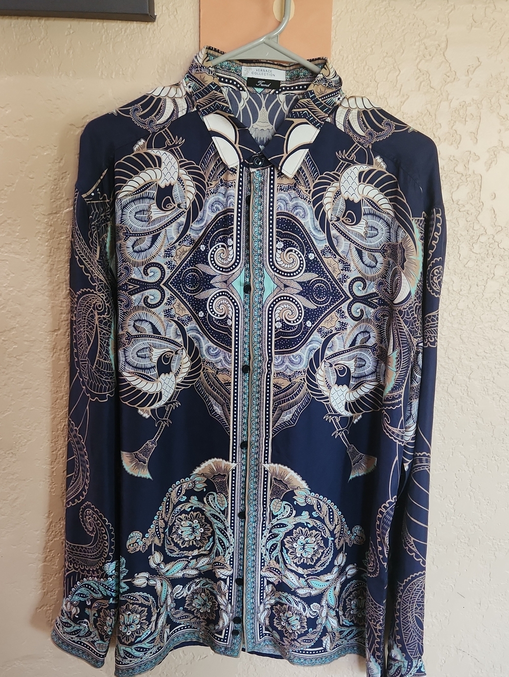 Versace Navy, Cream and Teal Patterned Silk-Feel Top